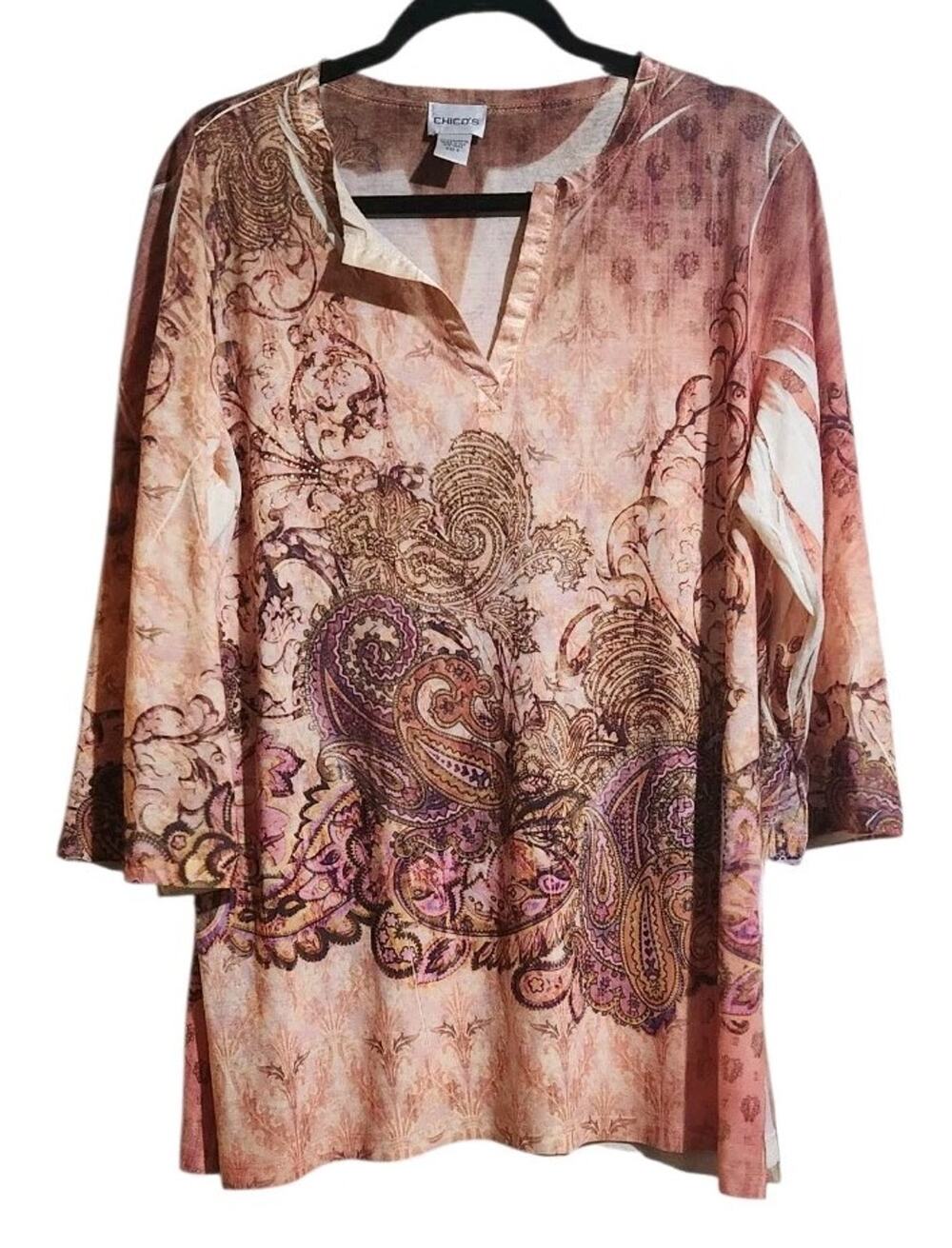 Chicos Orange Ivory Brown Paisley Embellished Print Blouse Shirt Top Sz 3 US XL